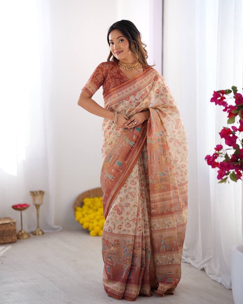 Cream Linen Cotton Floral, Horse & Village Digital Print Saree with Matching Blouse