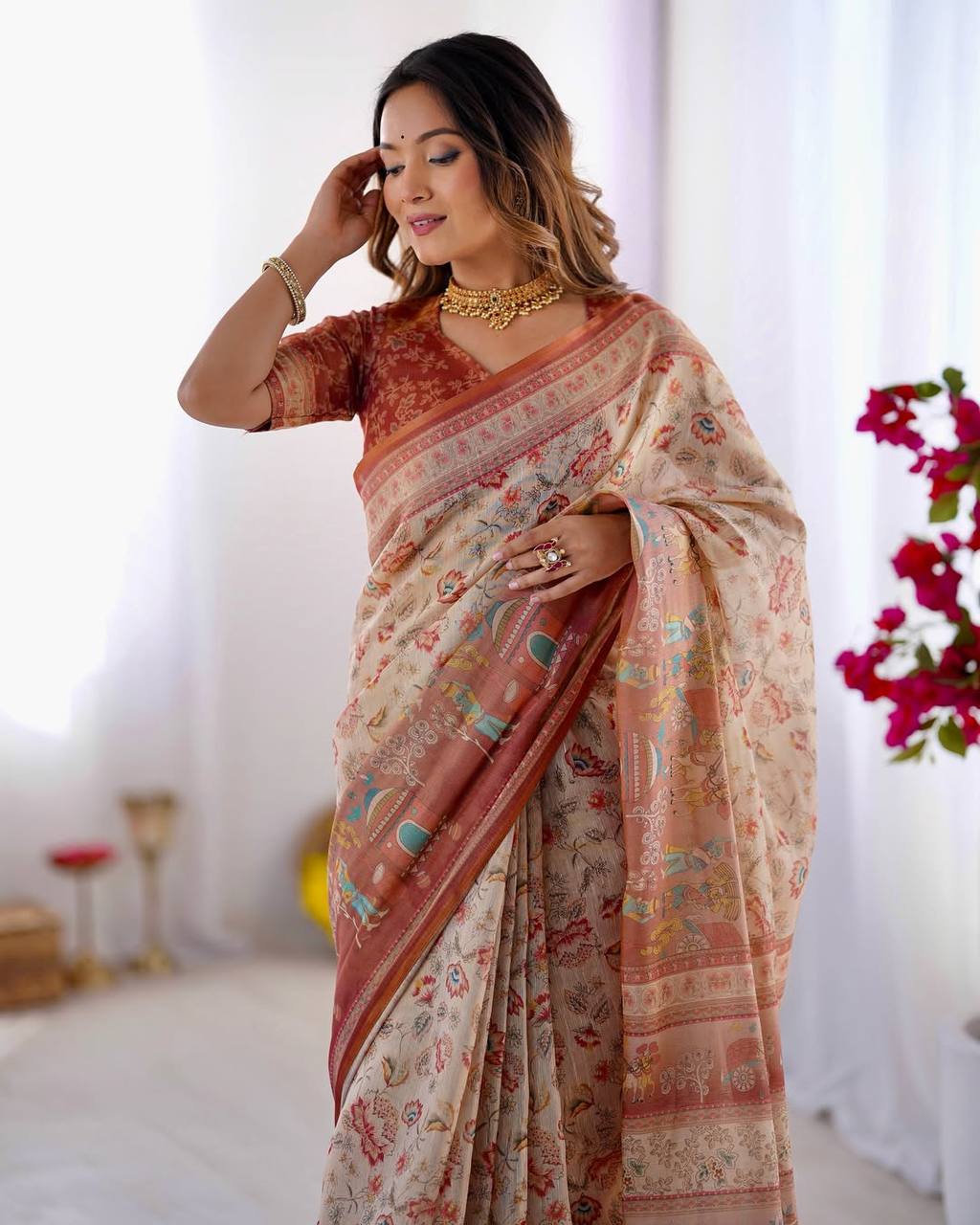 Cream Linen Cotton Floral, Horse & Village Digital Print Saree with Matching Blouse