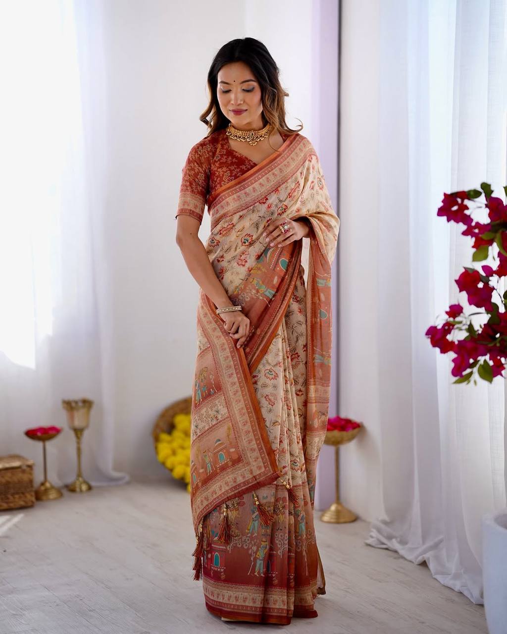 Cream Linen Cotton Floral, Horse & Village Digital Print Saree with Matching Blouse