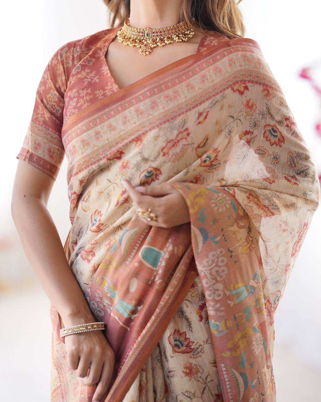Cream Linen Cotton Floral, Horse & Village Digital Print Saree with Matching Blouse