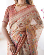 Cream Linen Cotton Floral, Horse & Village Digital Print Saree with Matching Blouse