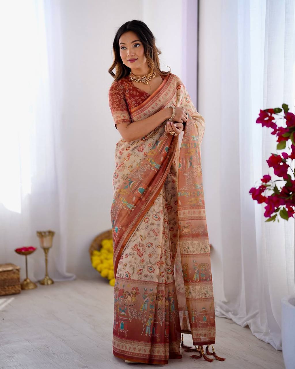 Cream Linen Cotton Floral, Horse & Village Digital Print Saree with Matching Blouse