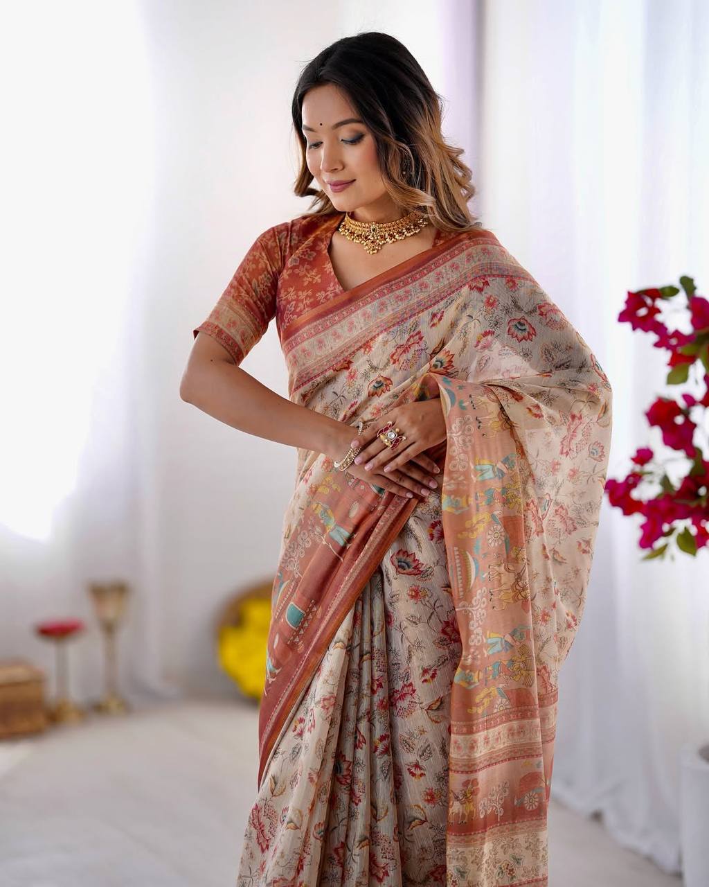 Cream Linen Cotton Floral, Horse & Village Digital Print Saree with Matching Blouse