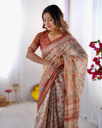 Cream Linen Cotton Floral, Horse & Village Digital Print Saree with Matching Blouse