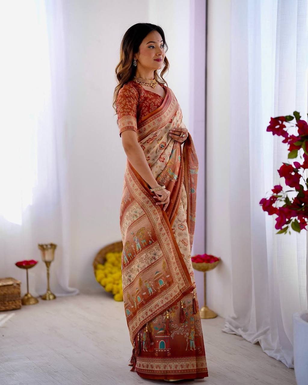 Cream Linen Cotton Floral, Horse & Village Digital Print Saree with Matching Blouse