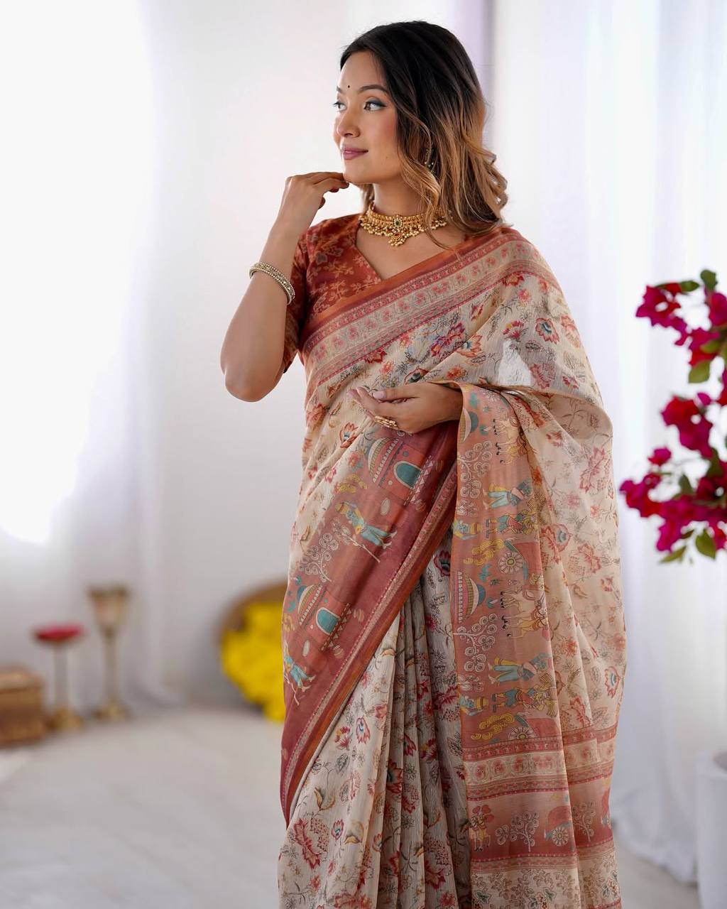Cream Linen Cotton Floral, Horse & Village Digital Print Saree with Matching Blouse