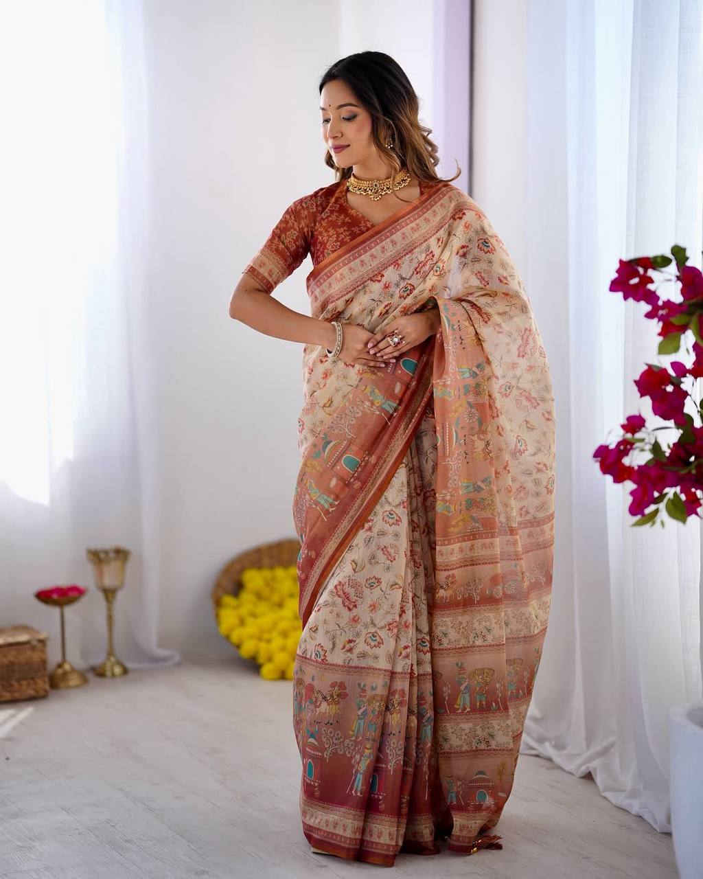 Cream Linen Cotton Floral, Horse & Village Digital Print Saree with Matching Blouse