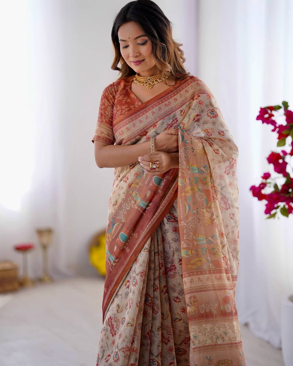 Cream Linen Cotton Floral, Horse & Village Digital Print Saree with Matching Blouse