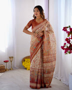 Cream Linen Cotton Floral, Horse & Village Digital Print Saree with Matching Blouse