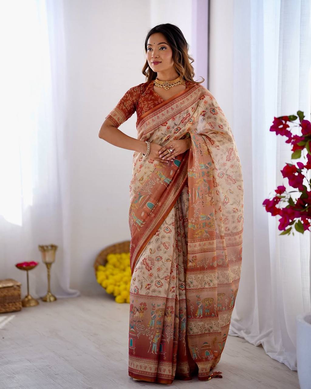 Cream Linen Cotton Floral, Horse & Village Digital Print Saree with Matching Blouse