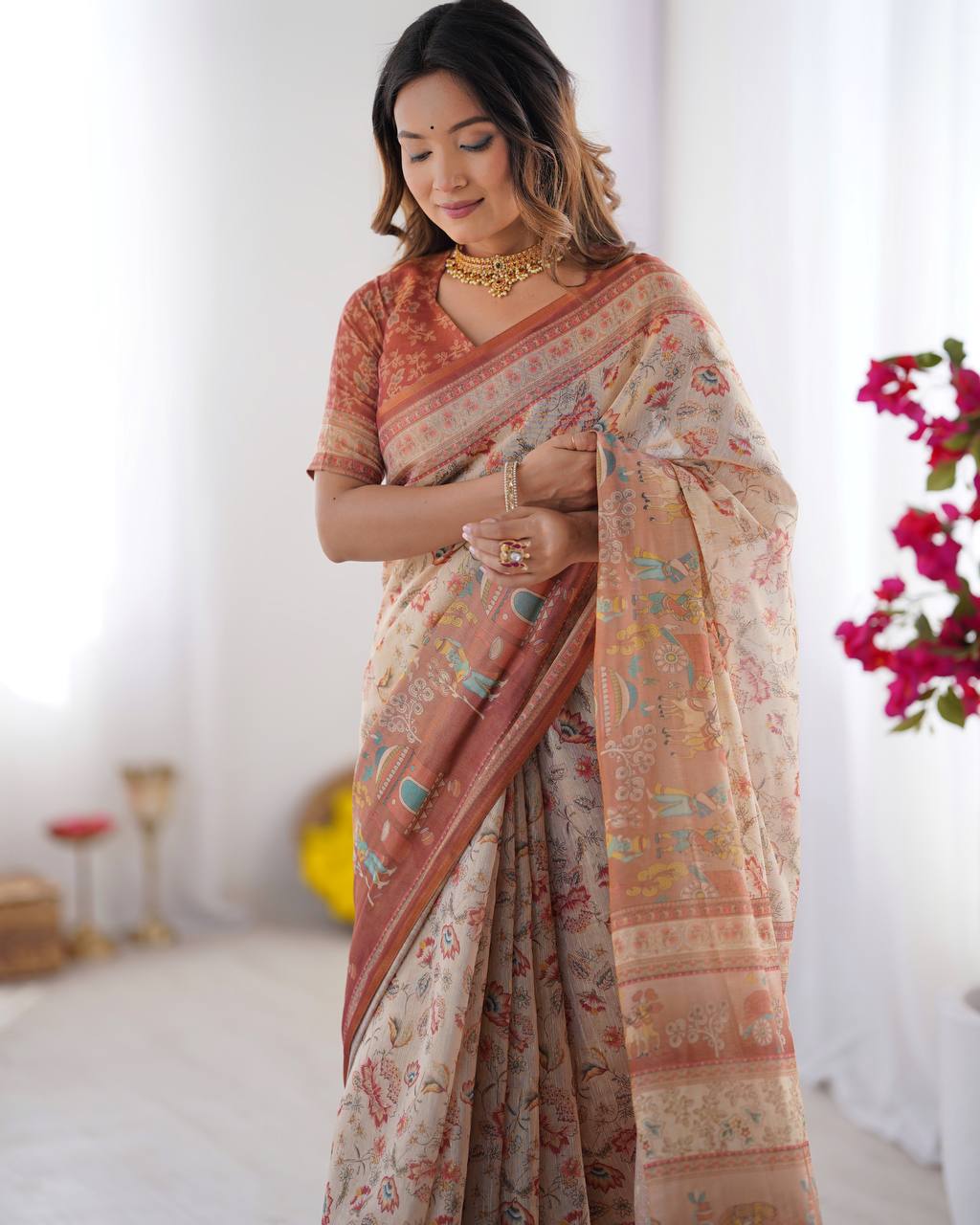 Cream Linen Cotton Floral, Horse & Village Digital Print Saree with Matching Blouse