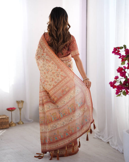 Cream Linen Cotton Floral, Horse & Village Digital Print Saree with Matching Blouse