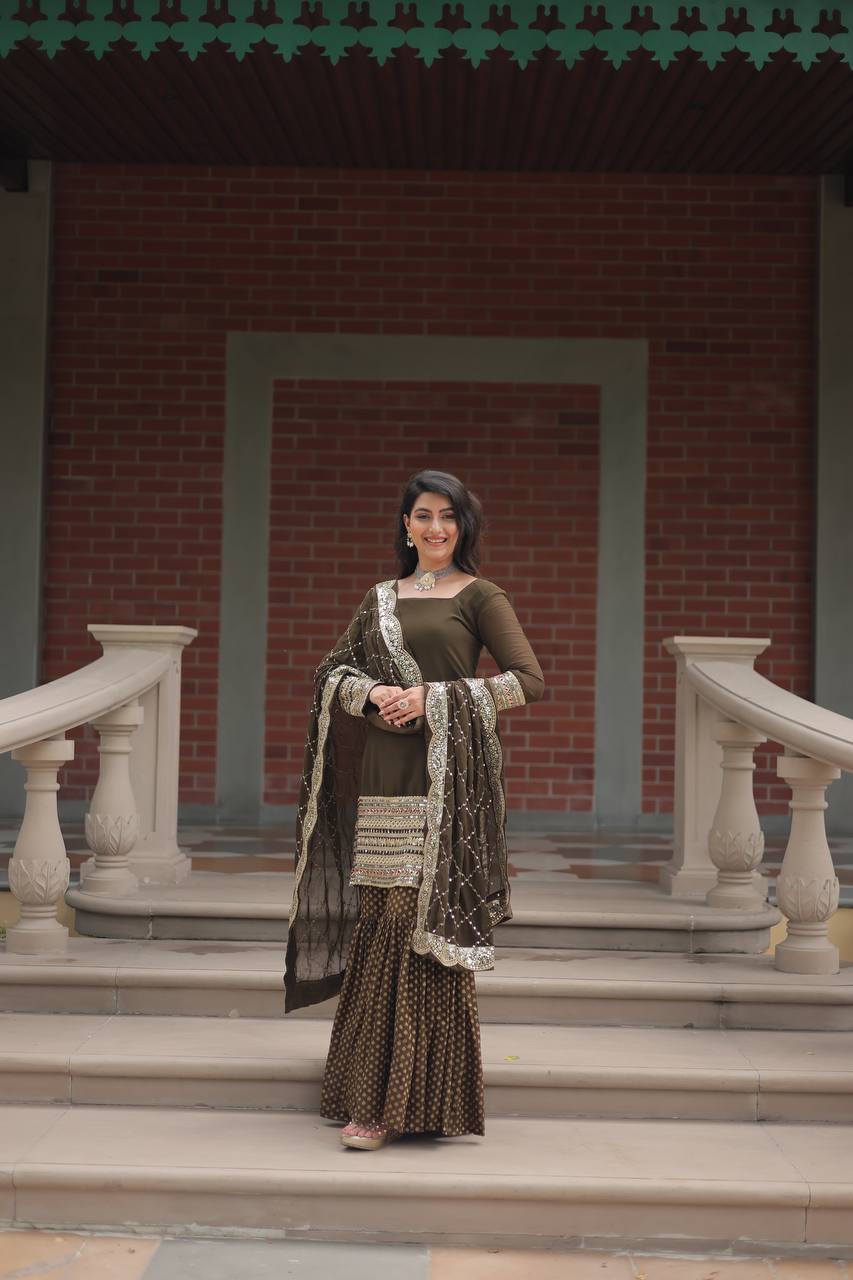 Premium Faux Georgette Sharara Suit With Embroidered Dupatta