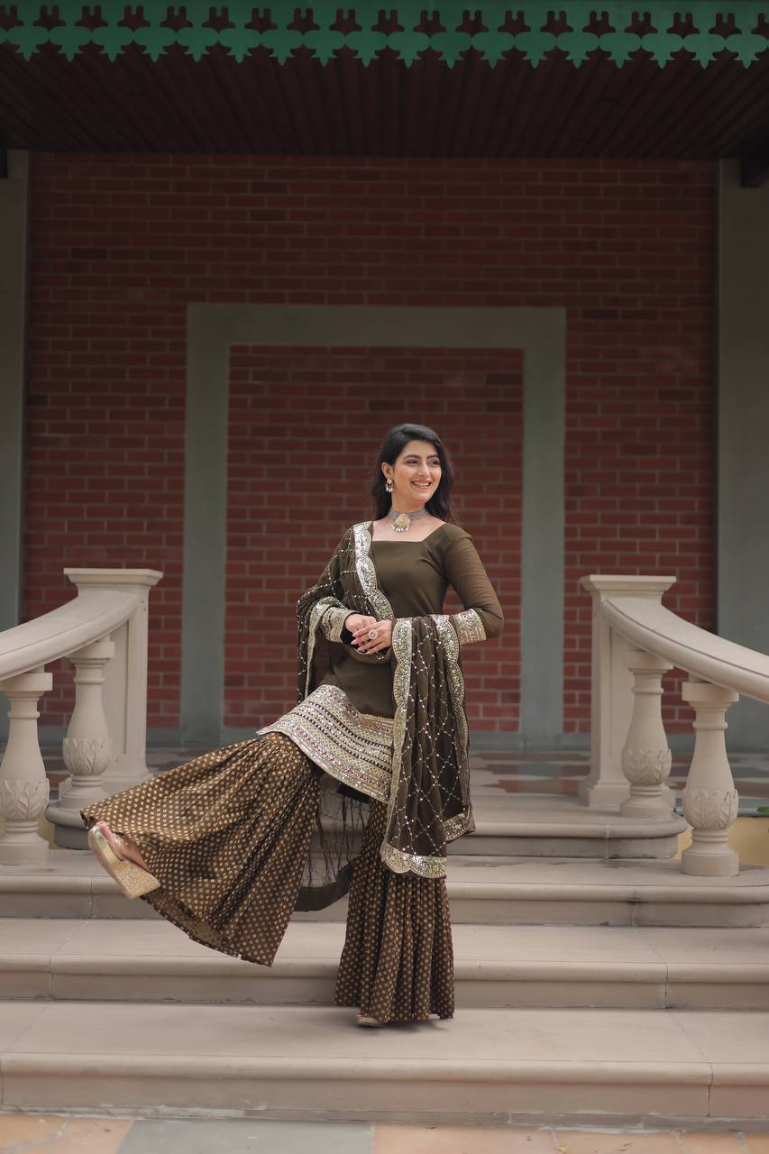 Premium Faux Georgette Sharara Suit With Embroidered Dupatta