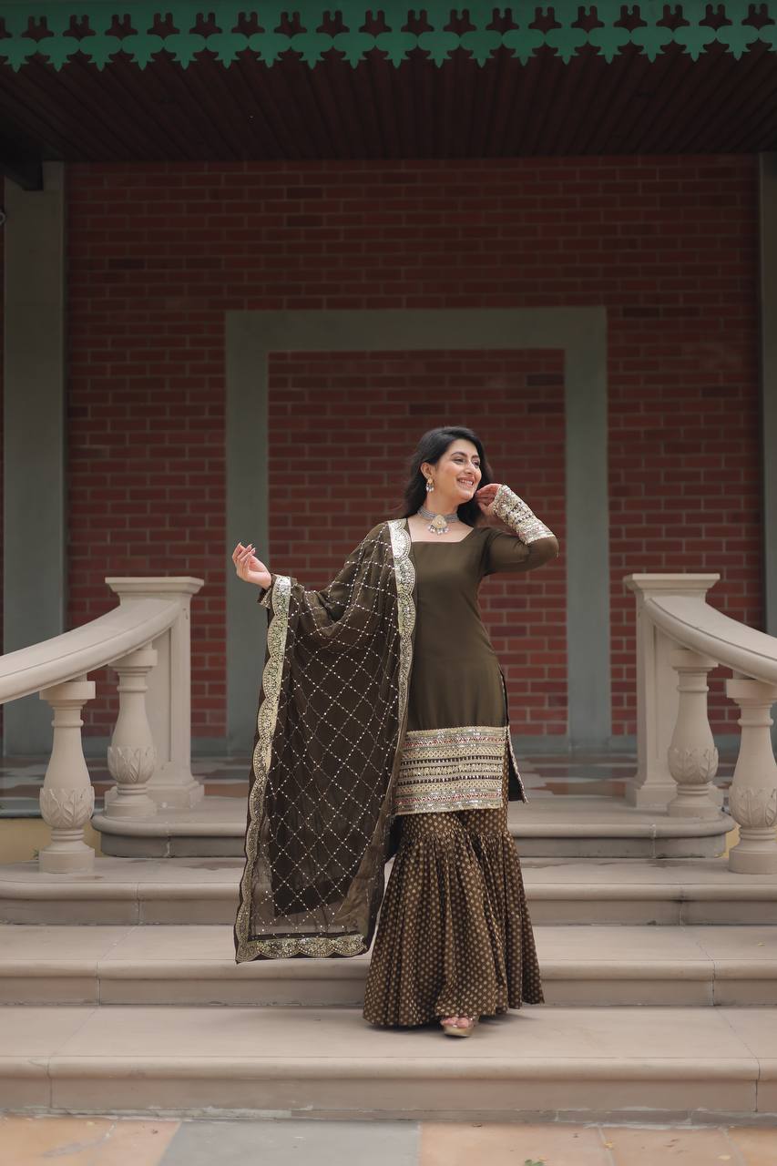 Premium Faux Georgette Sharara Suit With Embroidered Dupatta