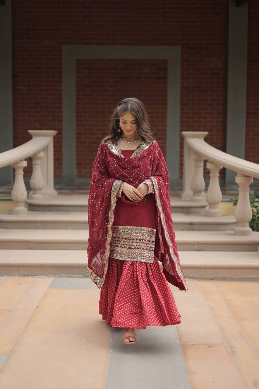 Premium Faux Georgette Sharara Suit With Embroidered Dupatta