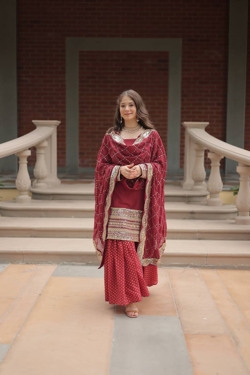 Premium Faux Georgette Sharara Suit With Embroidered Dupatta