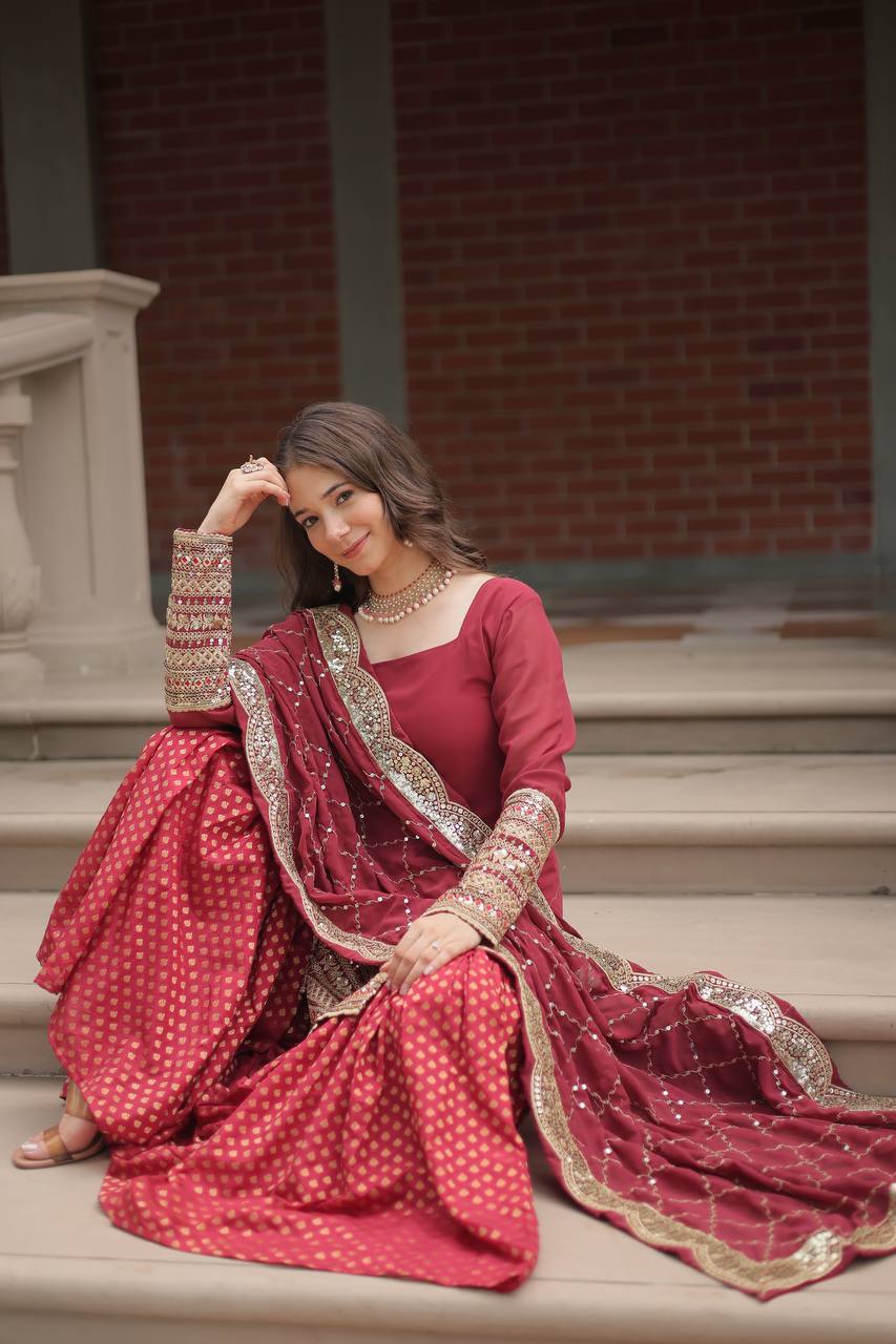 Premium Faux Georgette Sharara Suit With Embroidered Dupatta