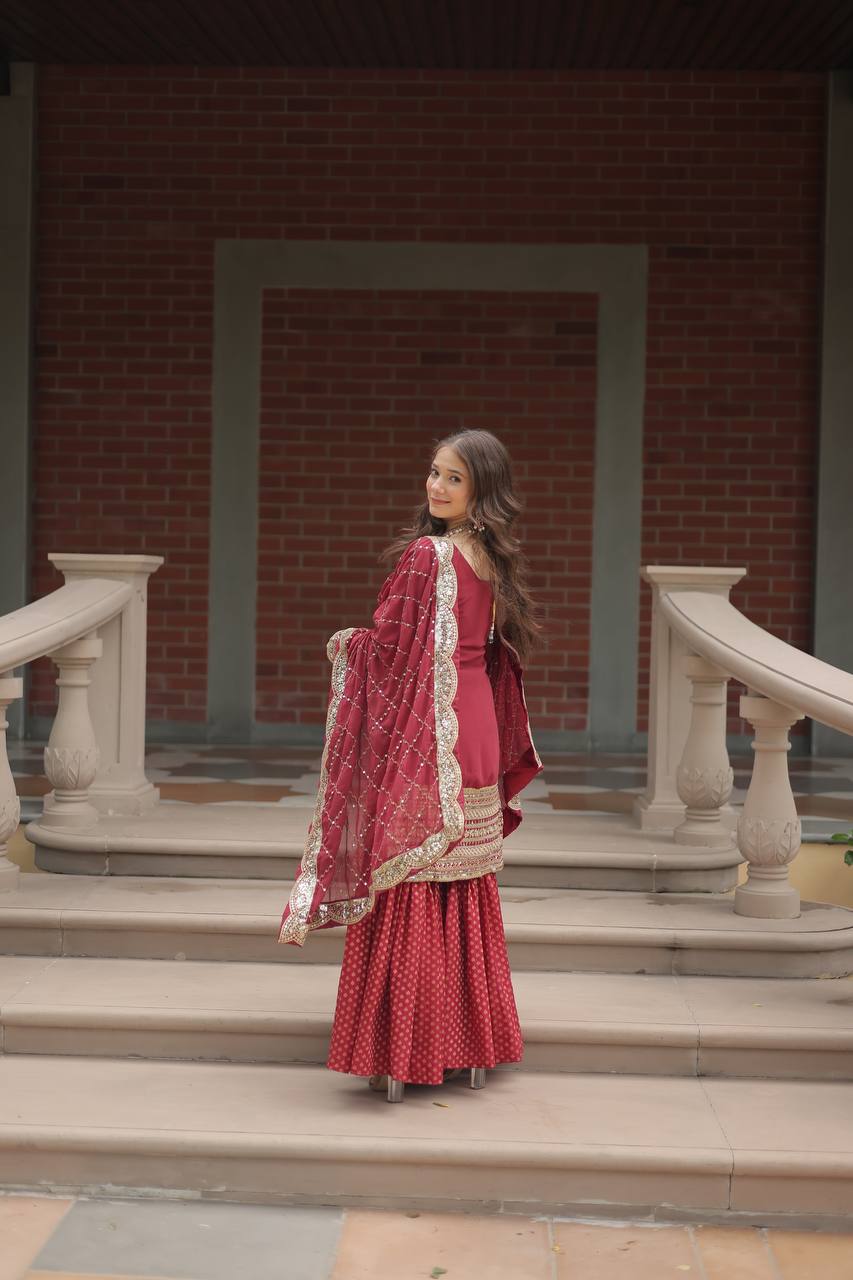 Premium Faux Georgette Sharara Suit With Embroidered Dupatta