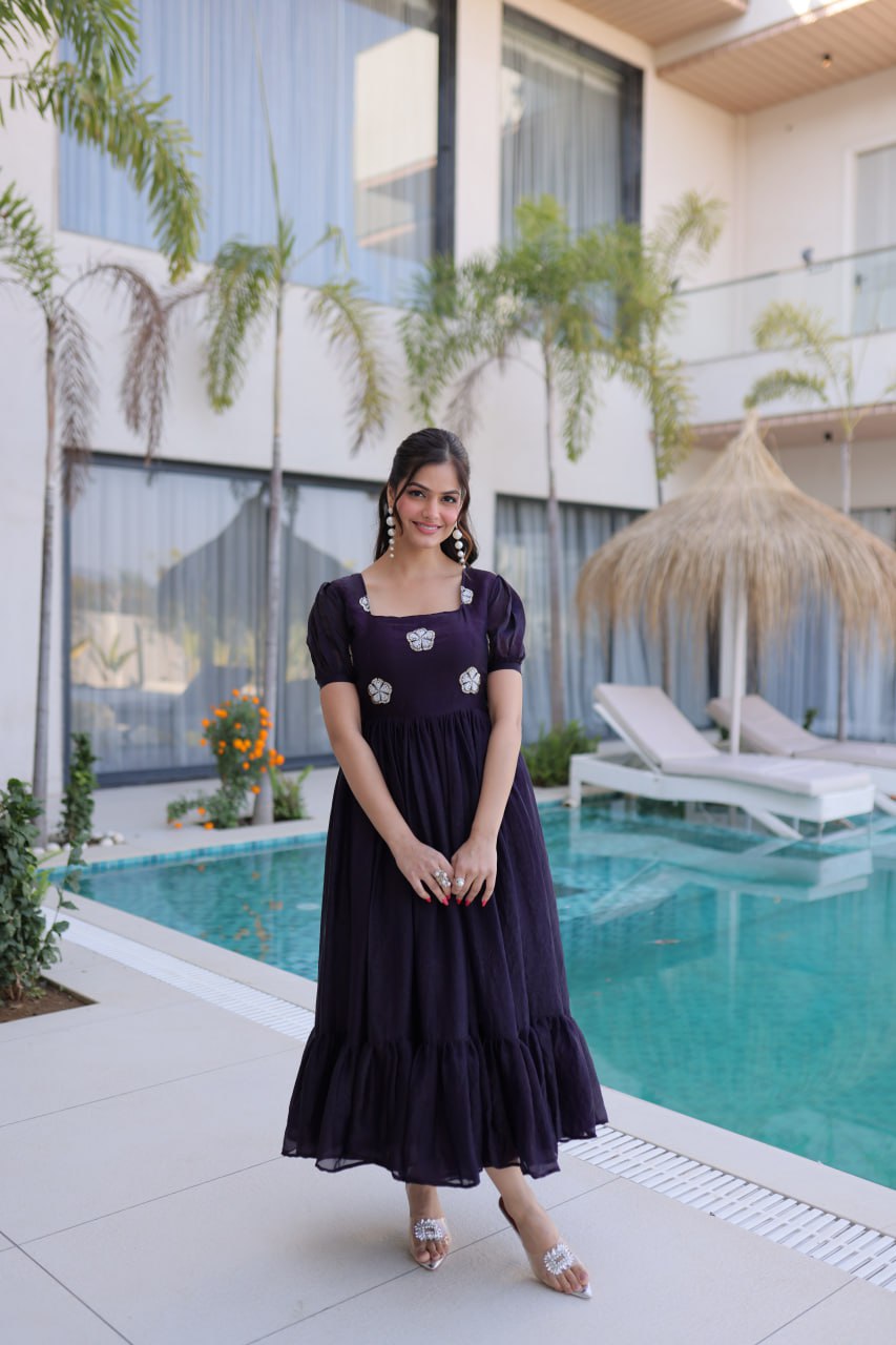 Premium Designer Fendi Silk Embroidered Party Wear Gown