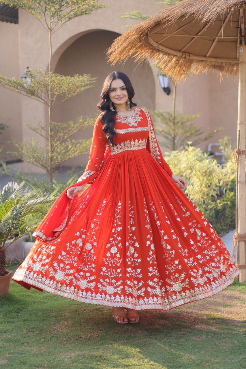 Ethnic Wear Georgette Zari & Sequins Embroidered Gown with Dupatta