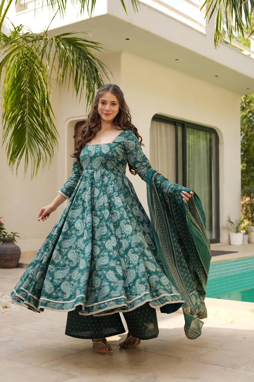 Digital Print Anarkali Suit Set with Embroidery Lace Dupatta
