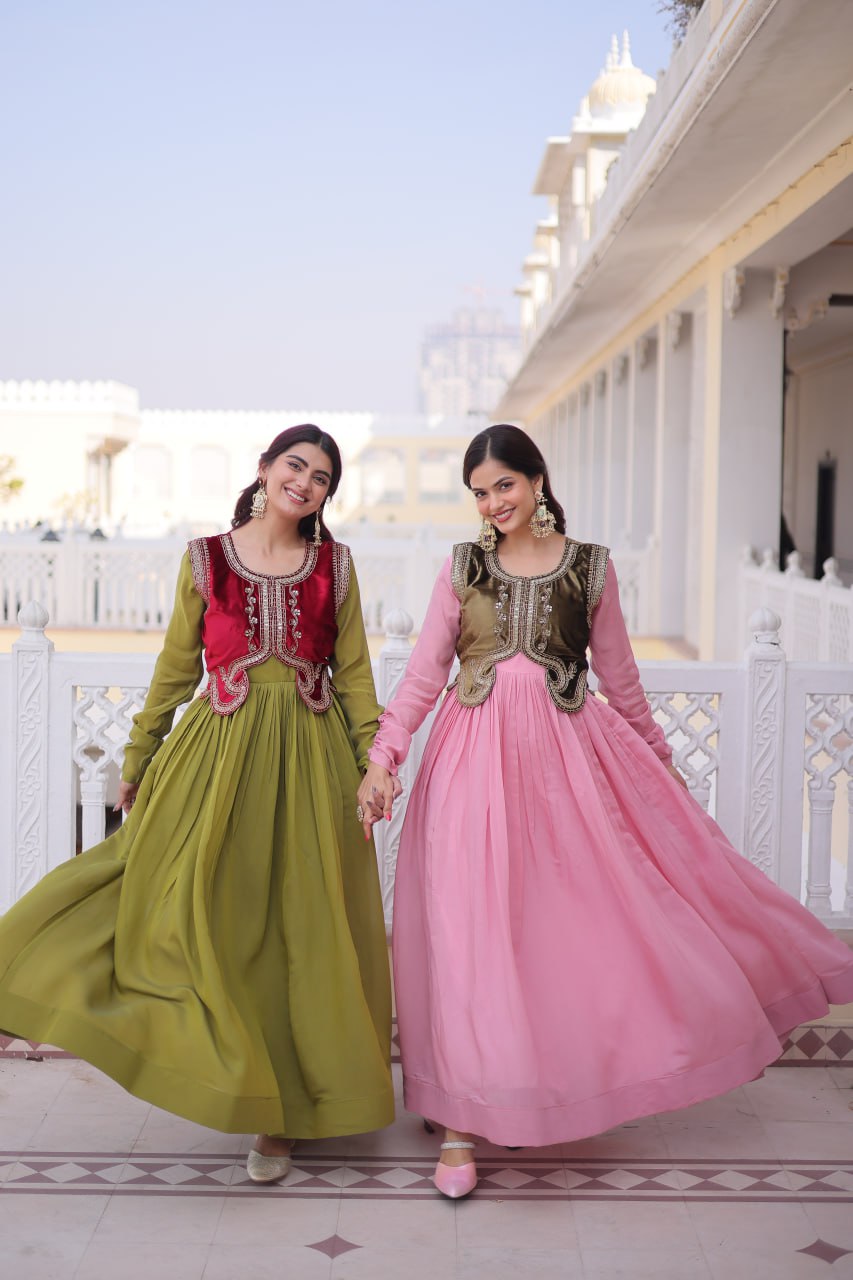 Premium Gown with Embroidered Ice Velvet Koti | Traditional Outfit