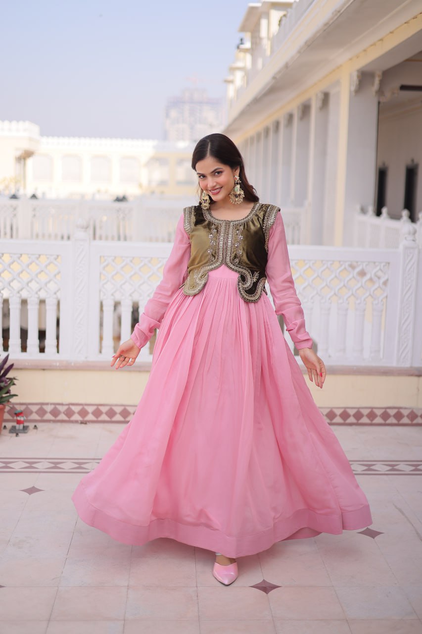 Premium Gown with Embroidered Ice Velvet Koti | Traditional Outfit