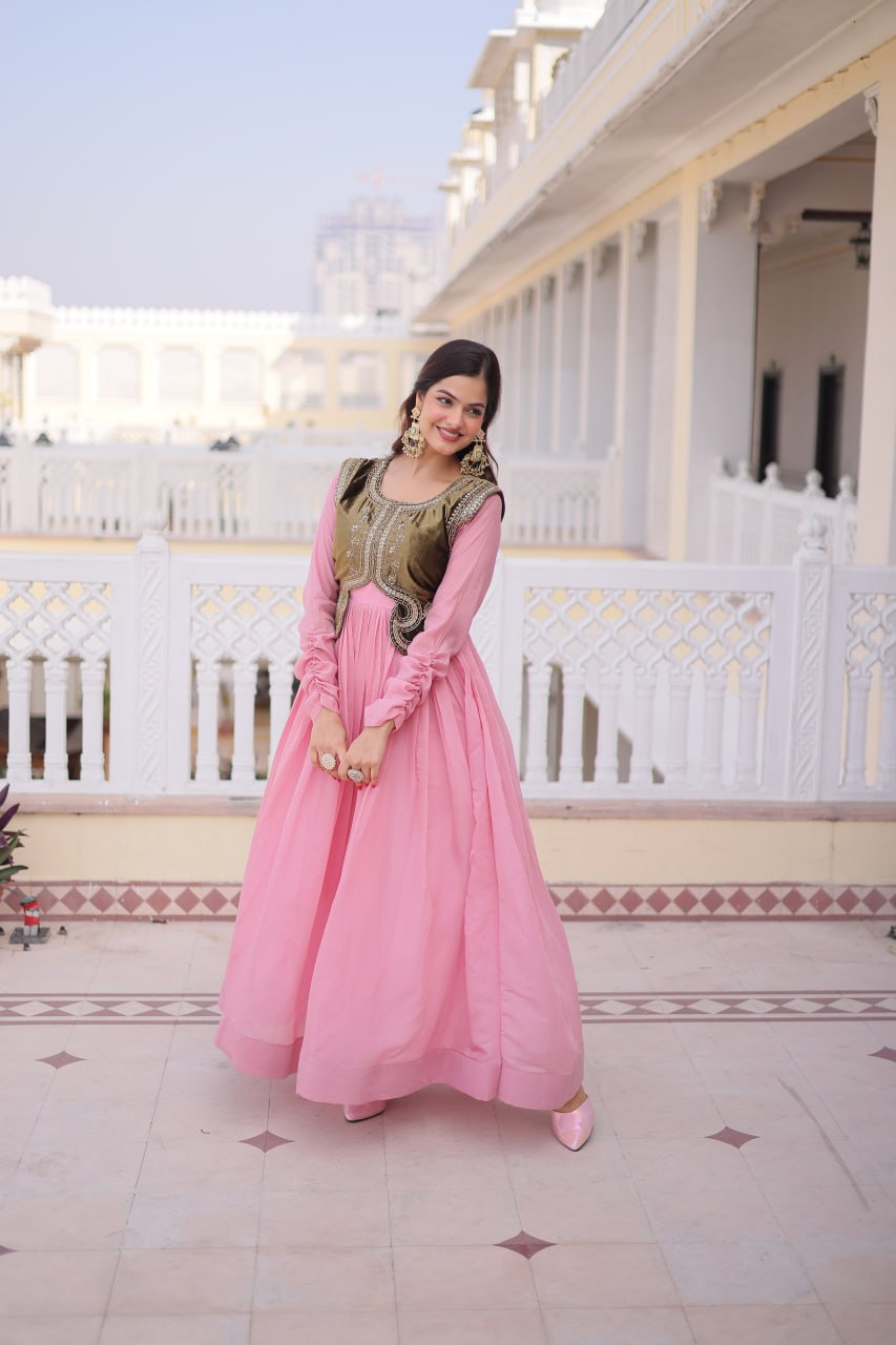 Premium Gown with Embroidered Ice Velvet Koti | Traditional Outfit