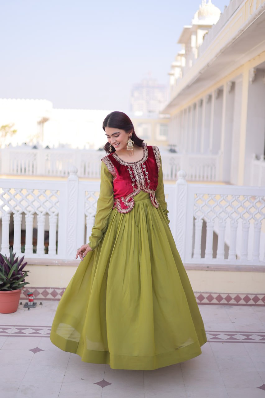 Premium Gown with Embroidered Ice Velvet Koti | Traditional Outfit