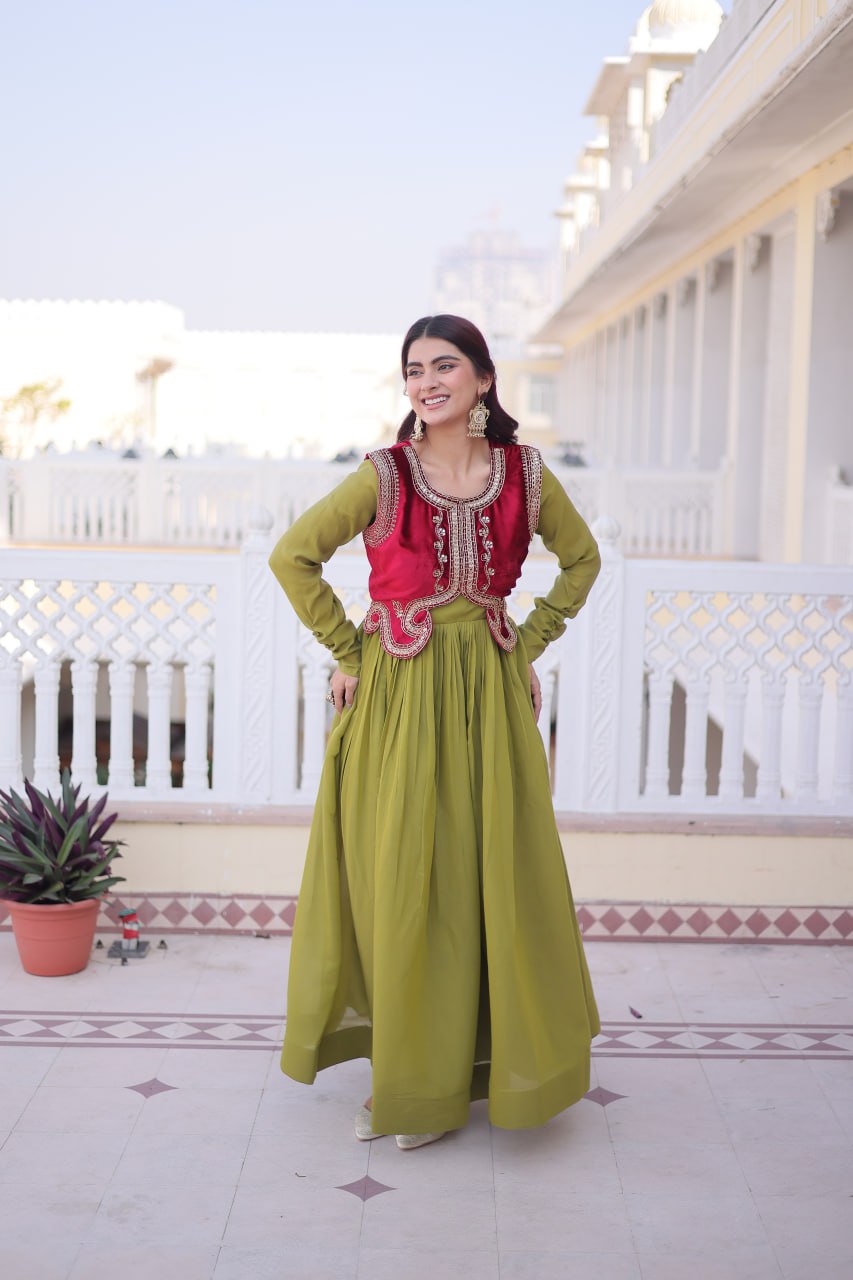 Premium Gown with Embroidered Ice Velvet Koti | Traditional Outfit