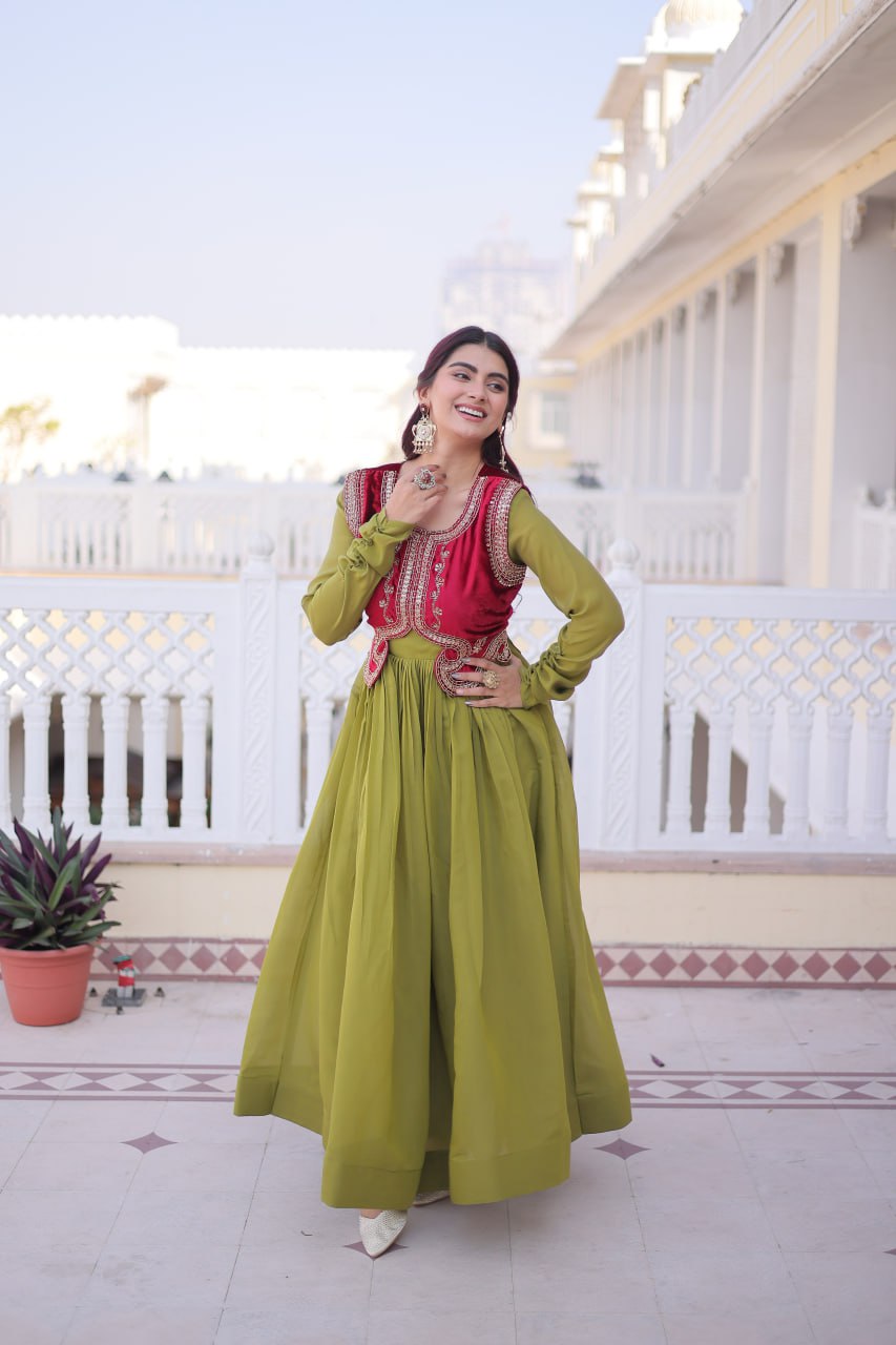 Premium Gown with Embroidered Ice Velvet Koti | Traditional Outfit