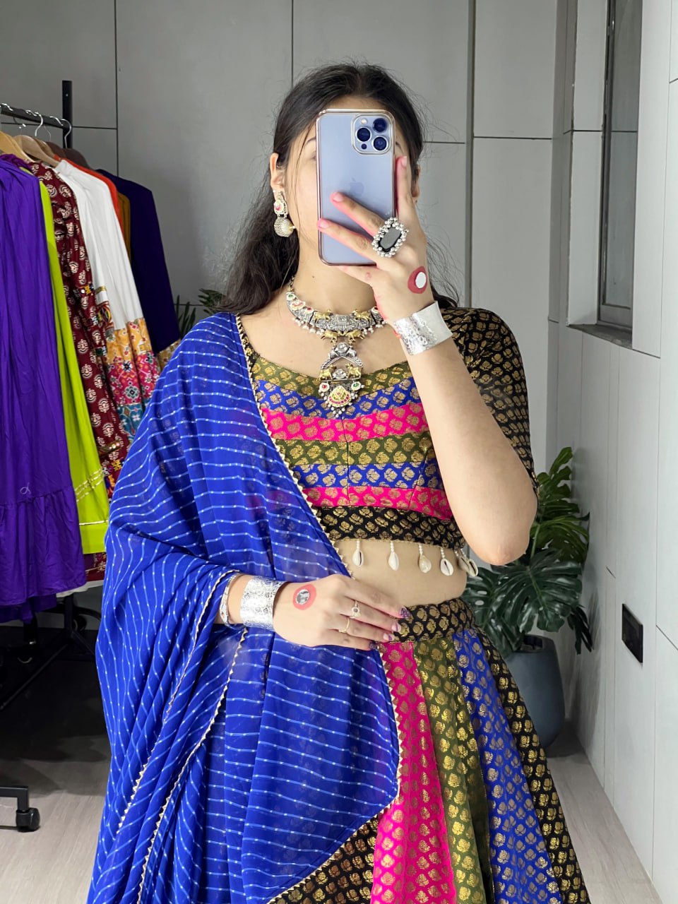 Multicolor Soft Silk Navratri Lehenga Choli with Leriya Print Dupatta