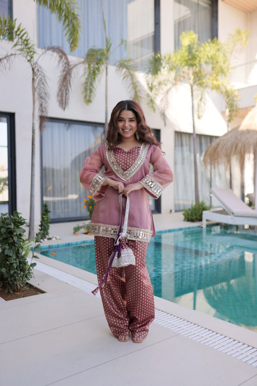 Premium Mirror Work Top Pant Set with Designer Batwa