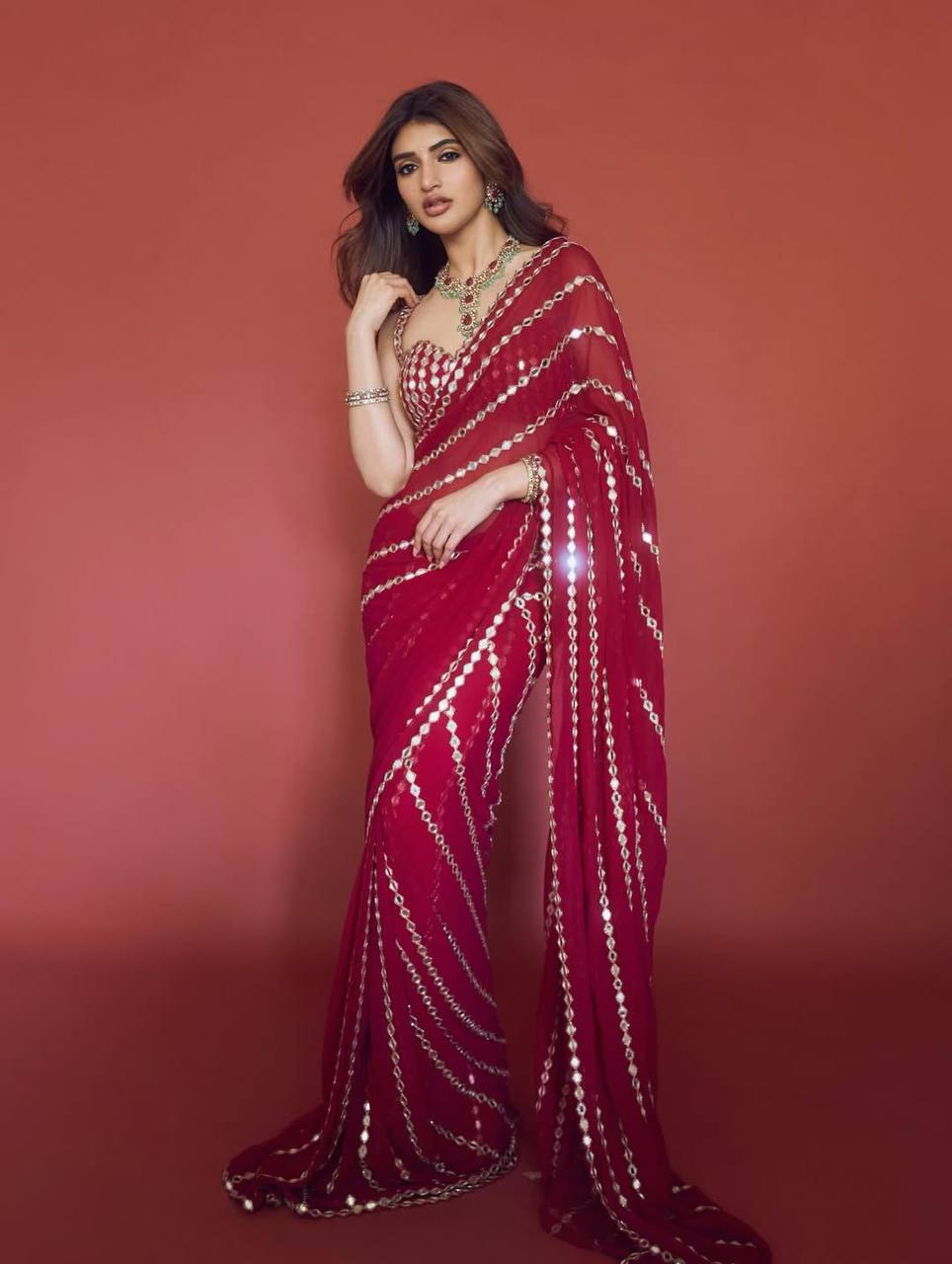 Wine Mirror Work Party Wear Saree
