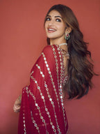 Wine Mirror Work Party Wear Saree