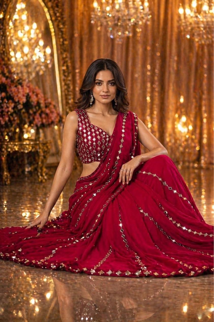 Wine Mirror Work Party Wear Saree