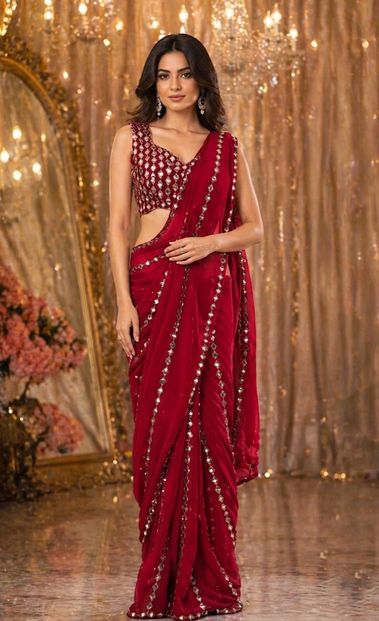 Wine Mirror Work Party Wear Saree