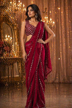 Wine Mirror Work Party Wear Saree