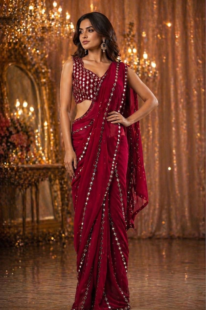 Wine Mirror Work Party Wear Saree