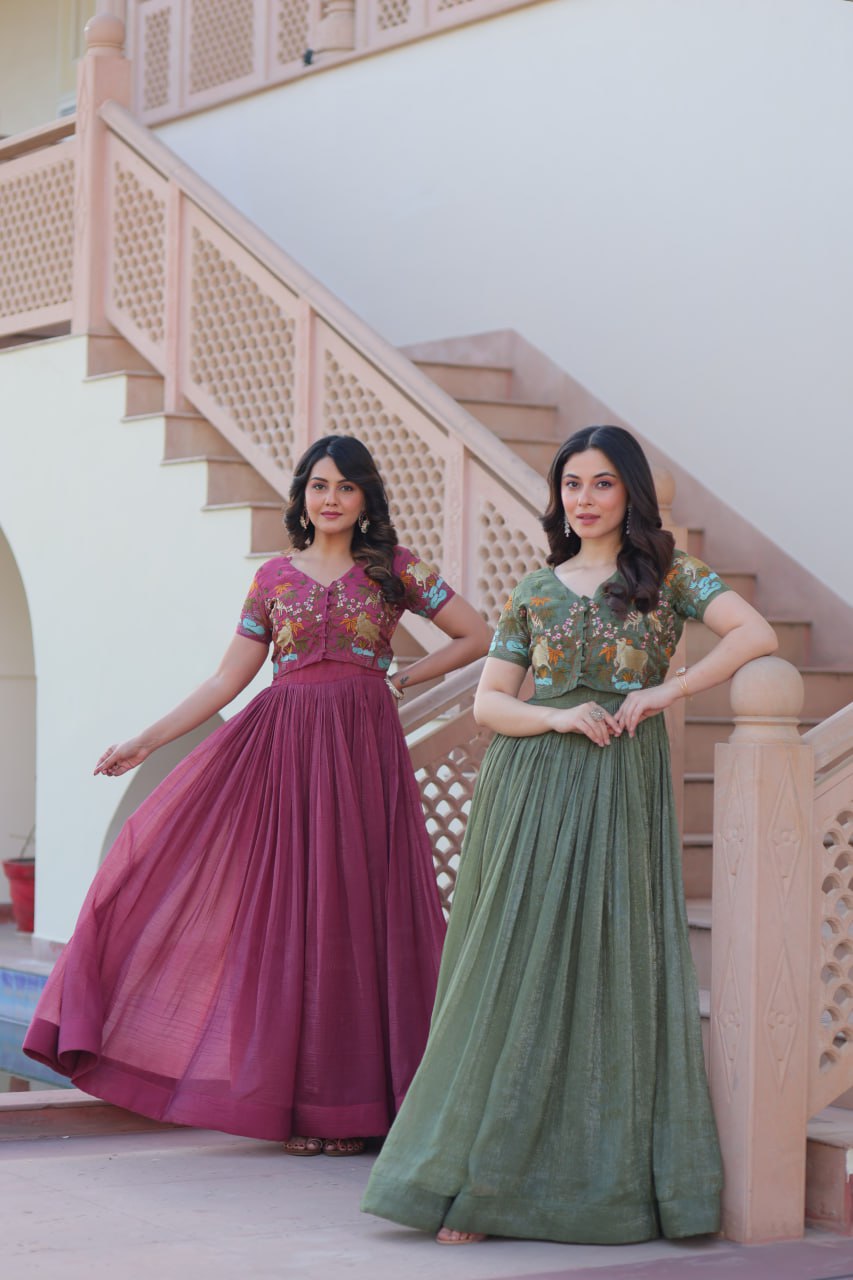 Premium Designer Embroidered Koti With Flared Gown Set