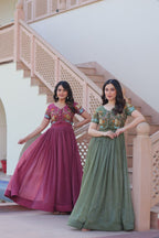 Premium Designer Embroidered Koti With Flared Gown Set