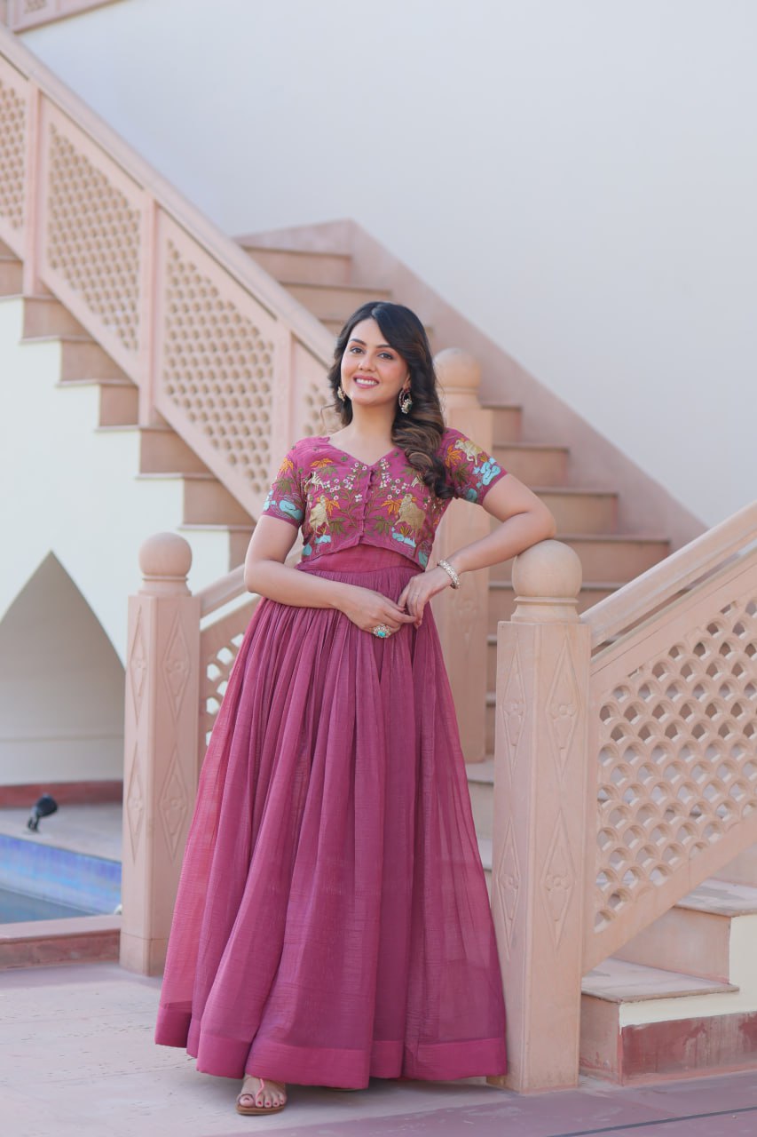 Premium Designer Embroidered Koti With Flared Gown Set