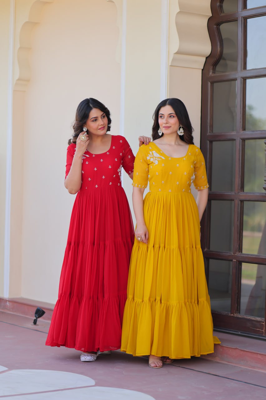 Premium Designer Faux Blooming Embroidered Flared Ready To Wear Gown