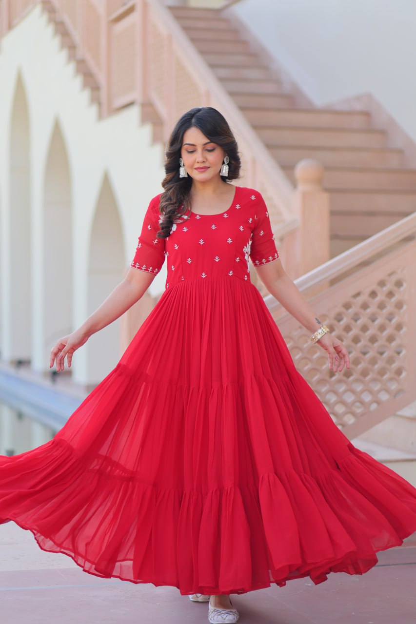 Premium Designer Faux Blooming Embroidered Flared Ready To Wear Gown