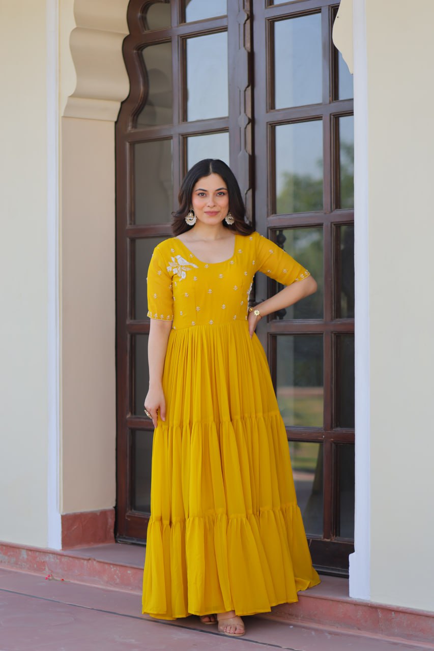 Premium Designer Faux Blooming Embroidered Flared Ready To Wear Gown
