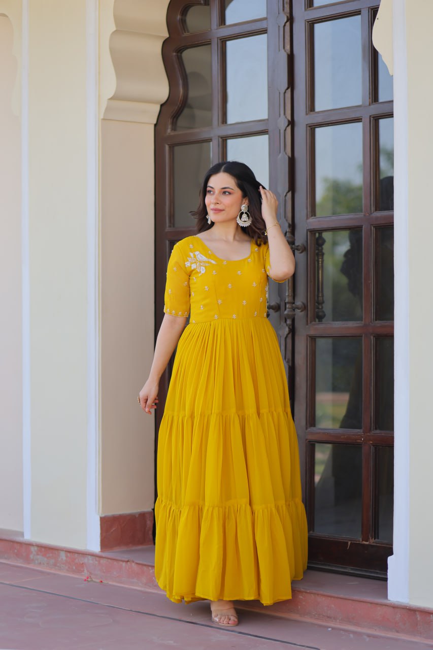 Premium Designer Faux Blooming Embroidered Flared Ready To Wear Gown