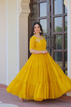 Premium Designer Faux Blooming Embroidered Flared Ready To Wear Gown