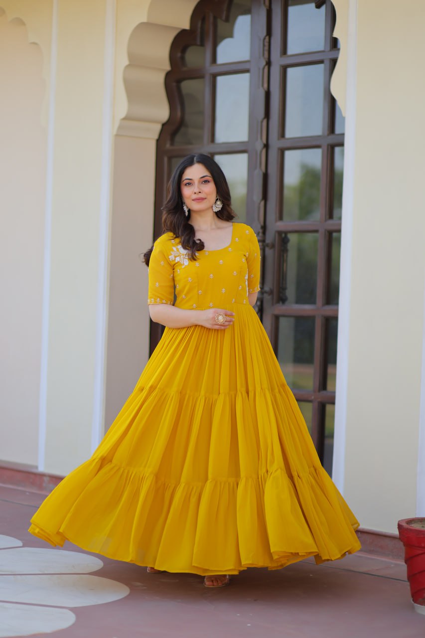 Premium Designer Faux Blooming Embroidered Flared Ready To Wear Gown