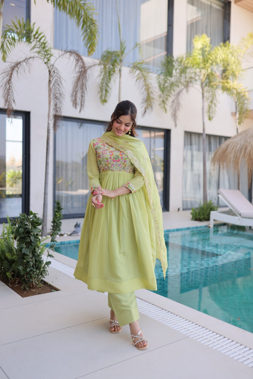 Premium Mal Chanderi Gown With Pant & Dupatta Set